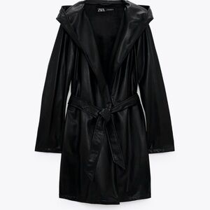 Zara Women's Sleek Black Leather Hooded Jacket